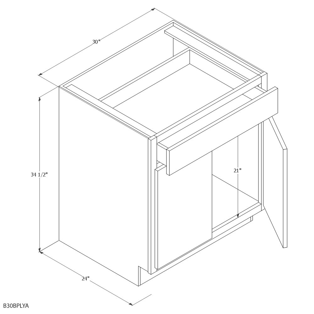 Unfinished Oak 30" Base Cabinet Blueprint and Measurement