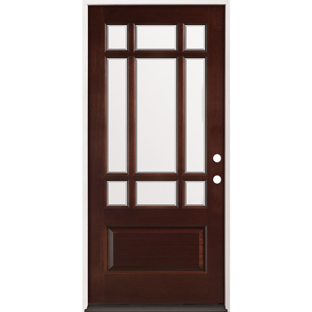 • Actual unit size: 37-3/4" x 81-1/2"
• Fits rough opening: 38-1/4" x 82"
• Pre-stained mahogany wood door
• Prehung in 4-9/16" 4526700 36 PREFINISHED MAHOGANY 9 LITE LH