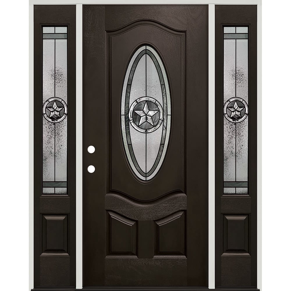 Twin Sidelights And Oval Insulated Glass Insert With Decorative Patina (Black) Caming Pattern; Right Hand. Center door is 36"; Sidelights 45320045 60 Prefinished Prehung Fiberglass Exterior Door Unit Right Hand