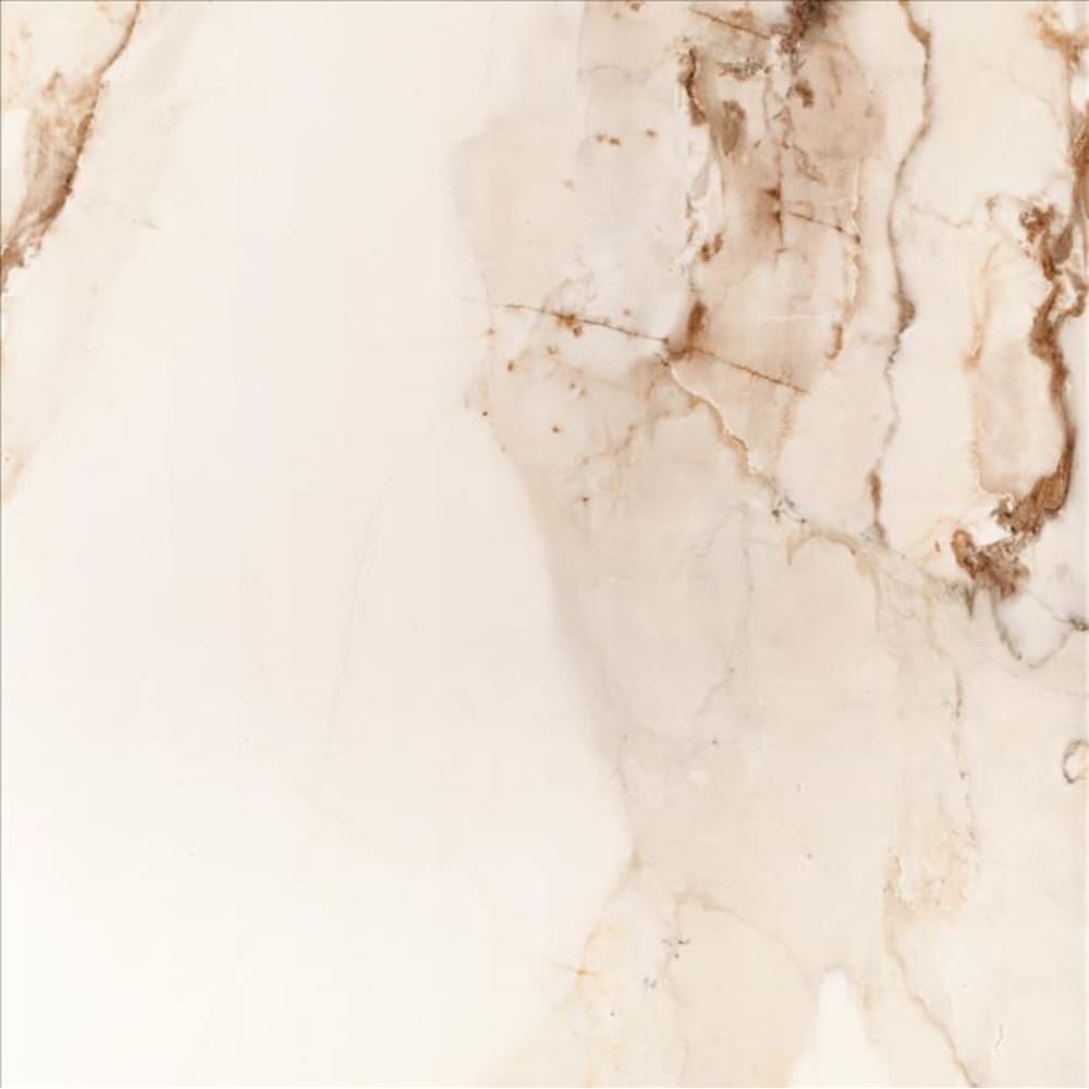 Stylized marble look ceramic tile from Spain. Realistic veining produced by high defininition ink jet print technology enhances the look. 5532735 Corfu Marfil 18x18 Ceramic Tile