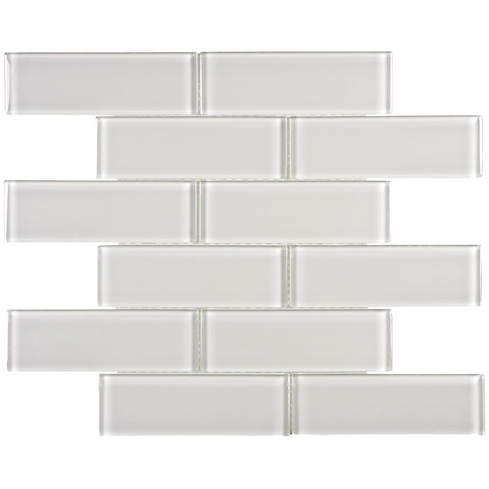 Contemporary glass subway tiles. 12 pieces of 2"x6" glass tiles on a mesh backing. 5536598 Arctic Fog 2x6 Subway Glass Mosaic