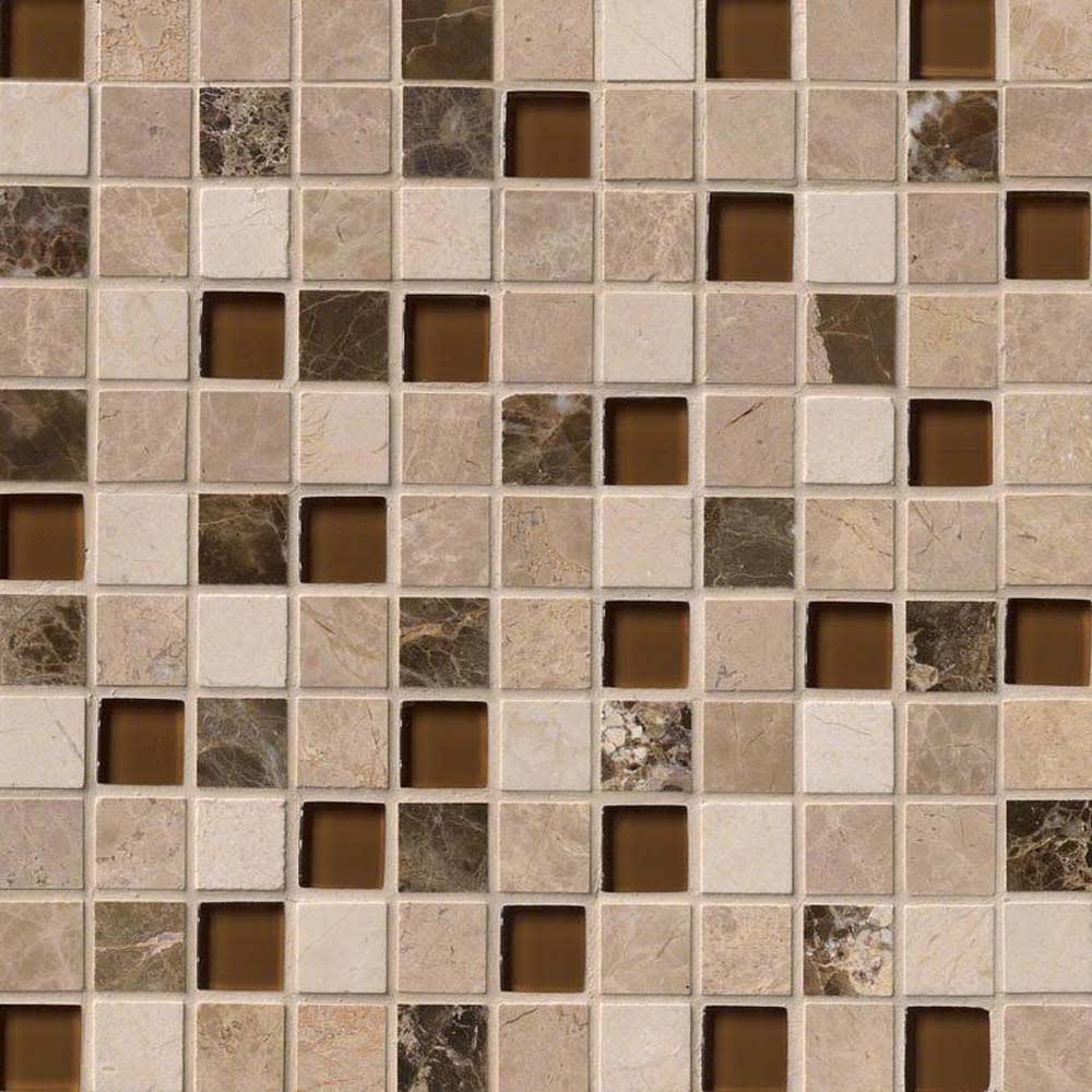 Glass/Stone Blend Mosaic Wall Tile. Ibiza Blend is the perfect pairing of Emperador Dark, Emperador Light, Crema Marfil Marble, and Brown 5536592 Ibiza Blend Glass Stone 12x12 Mosaic Tile