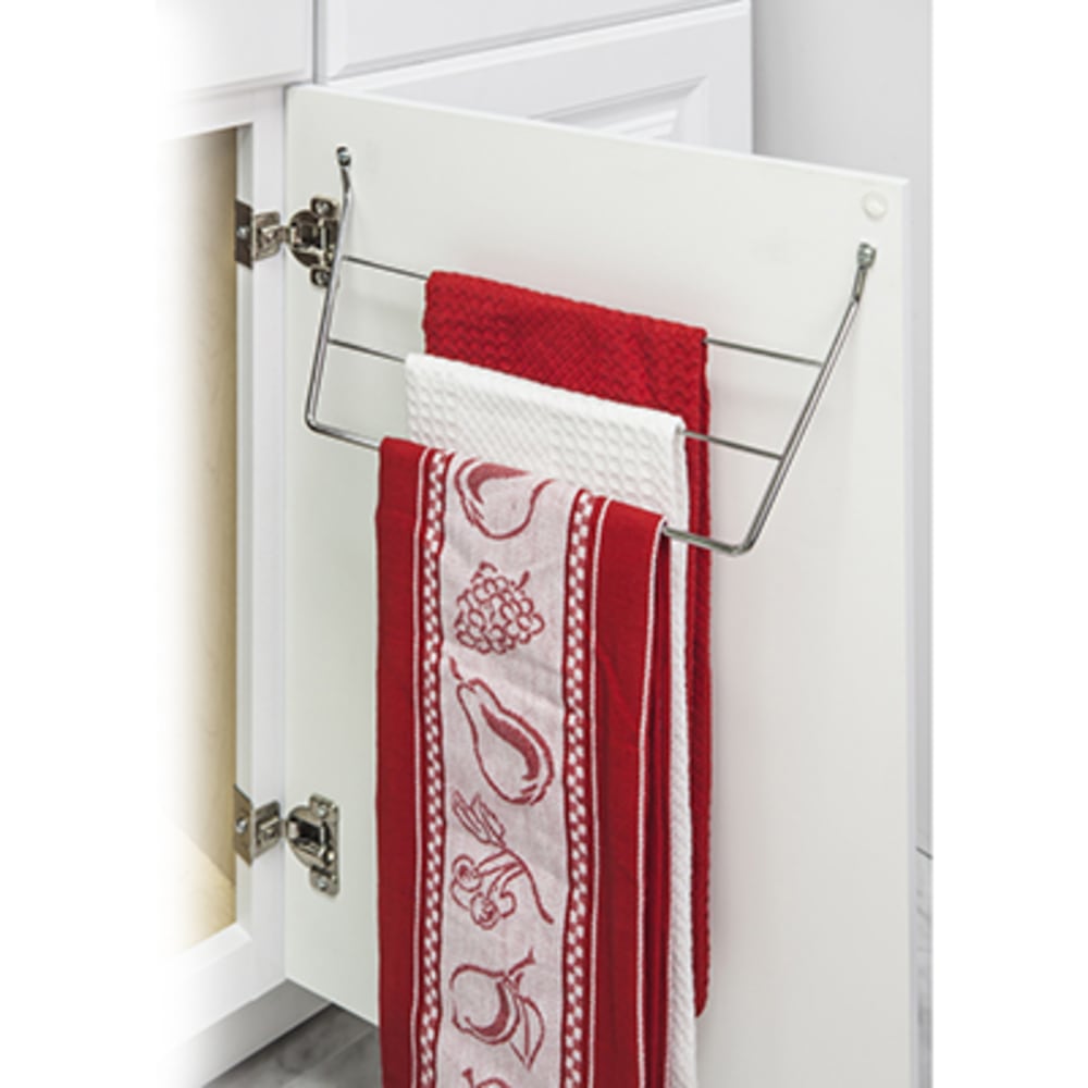 Three tier. Mounting hardware included. Attaches to inside of base or wall cabinet door. 5049015 Dish Cloth Cabinet Storage Rack Polished Chrome
