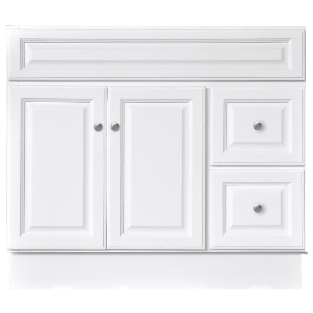 Bright white painted finish. 1/2" plywood sides and back with 3/4" cabinet face frame. Raised panel, high density fiberboard drawer fronts 50240103 HARBOR WHITE 36x21 TWO DRAWER TWO DOOR VANITY BASE