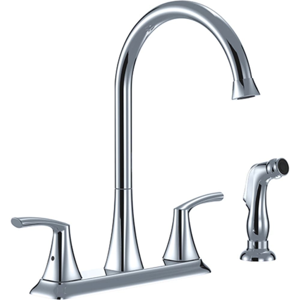 Two Handle Kitchen Faucet, Goosneck Spout, With Side Spray, 1/4 Turn Washerless Cartridge, 4 Hole Installation, Brass Waterways 8021069 Chrome Two Handle Goose Neck Kitchen Faucet w Spray