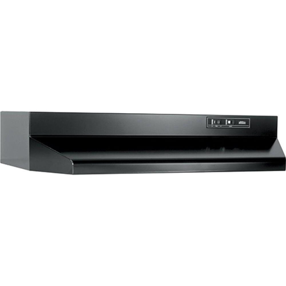 Contemporary style range hood. Rocker-type fan and light switches. Two speed fan. Washable aluminum filter. Ventilation 190 CFM. Sound 2603901 Broan 30 Black Ducted Range Hood