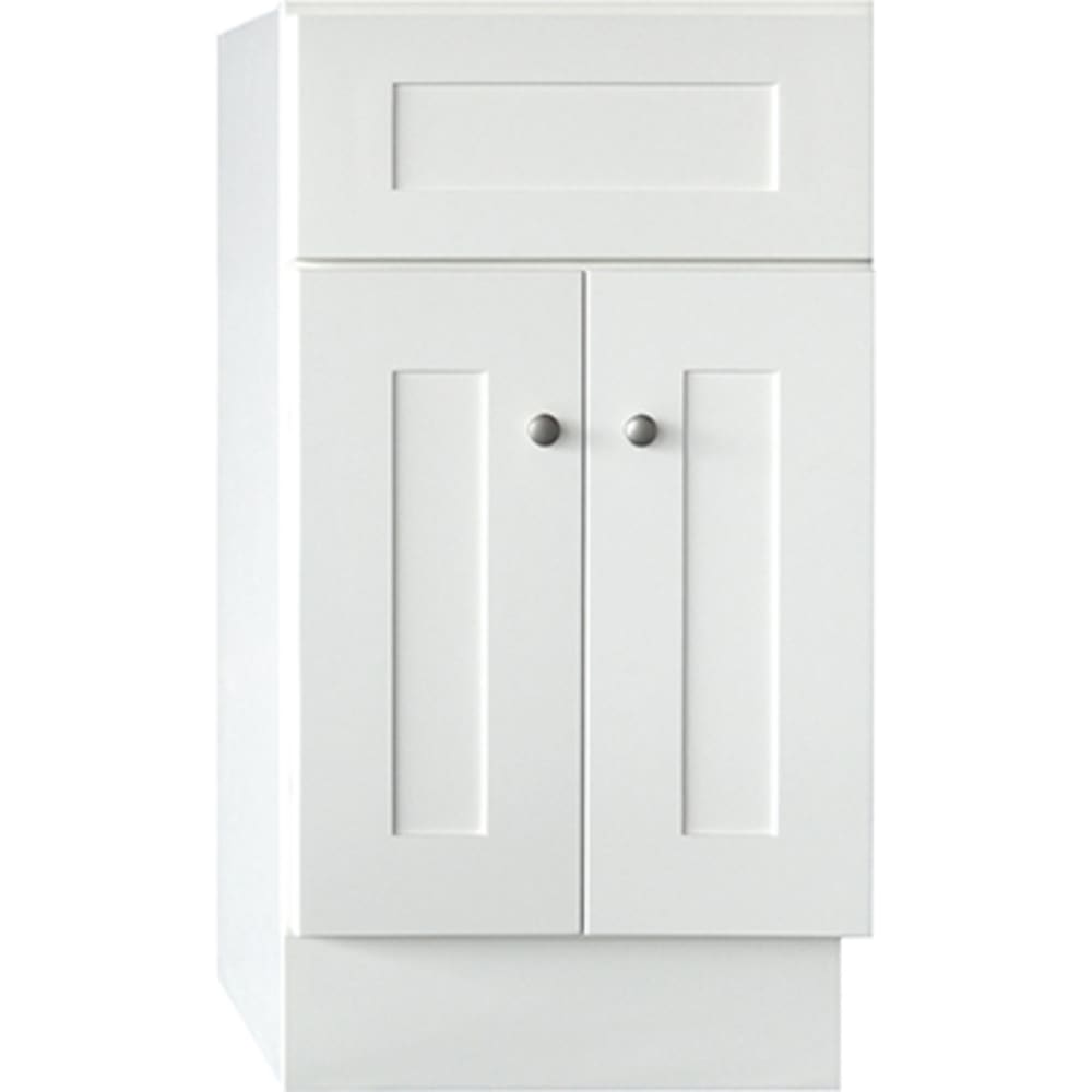 Beautiful linen white finish. 1/2" plywood sides and back with 3/4" cabinet face frame. Shaker style doors with concealed hinges 5024071 LINEN WHITE 18x16 SHAKER STYLE VANITY BASE