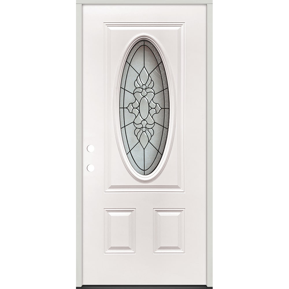 Energy efficient insulated exterior door unit. Completely assembled in primed wood frame with full weatherstripping and fixed sill. 45320048 36 Oval Glass Prehung Exterior Steel Door Unit Right Hand