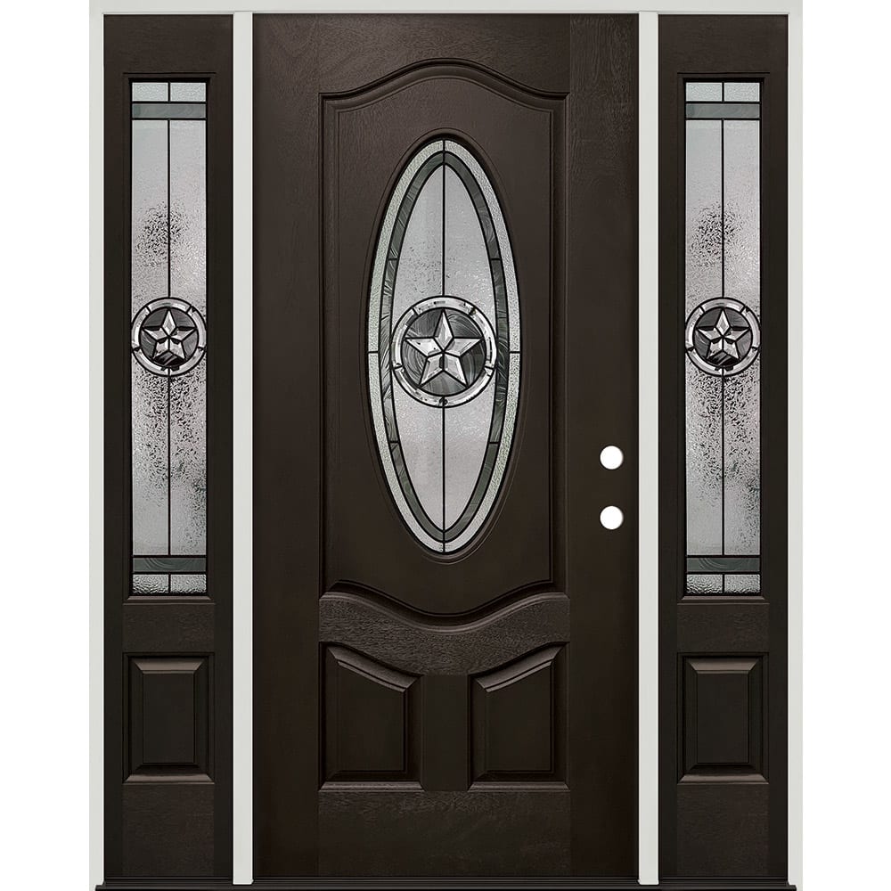 Twin Sidelights And Oval Insulated Glass Insert With Decorative Patina (Black) Caming Pattern; Left Hand. Center door is 36"; Sidelights 45320044 60 Prefinished Prehung Fiberglass Exterior Door Unit Left Hand