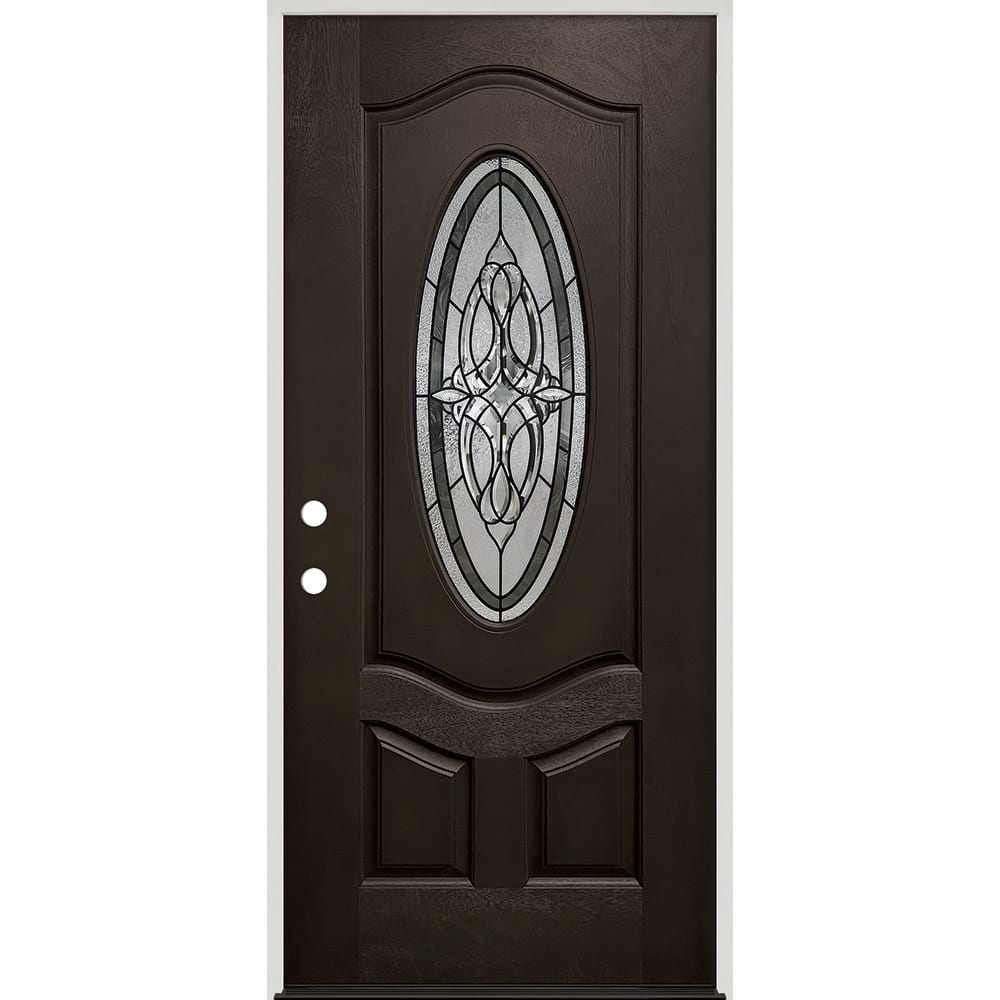 Oval Insulated Glass Insert And Decorative Zinc (Silver) Caming Pattern; Right Hand. Ready to install. Completely assembled with 4-9/16" 45320035 36 Prefinished Prehung Fiberglass Exterior Door Unit Right Hand