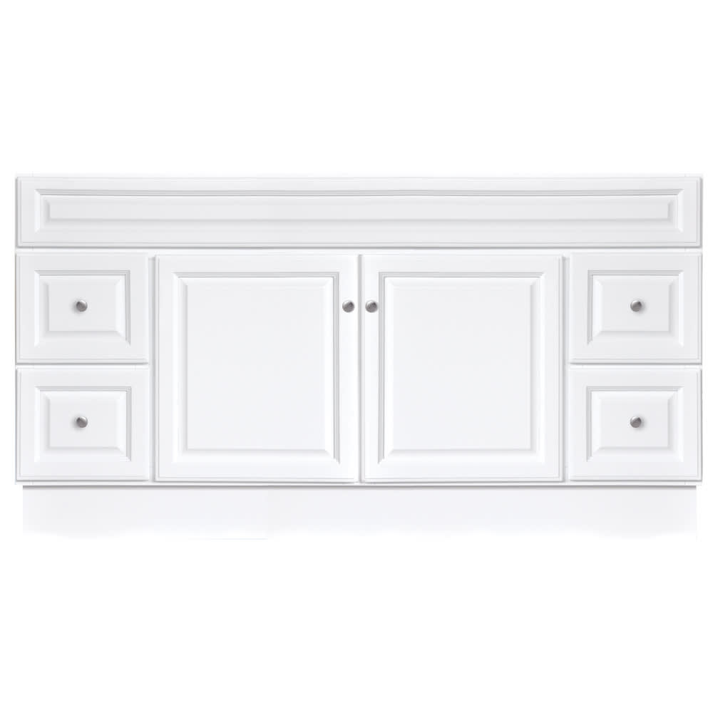 Bright white painted finish. 1/2" plywood sides and back with 3/4" cabinet face frame. Raised panel, high density fiberboard drawer fronts 50240105 HARBOR WHITE 60x21 TWO DOOR FOUR DRAWER VANITY BASE