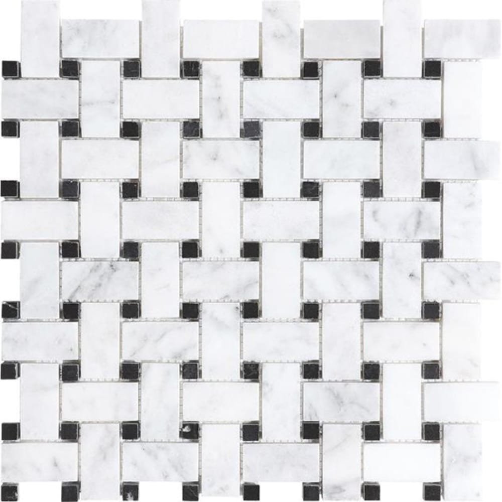 Decorative mesh-mounted White Marble mosaic in a basketweave design. Black accents tiles give depth to the Bianco polished marble. 5536510 Bianco Polished Basketweave Mosaic Tile