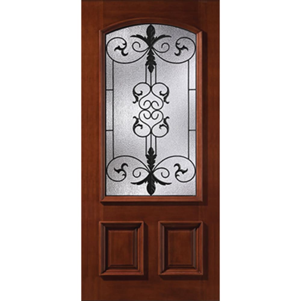 • Actual unit size: 37-3/4" x 81-1/2"
• Fits rough opening: 38-1/4" x 82"
• Pre-stained mahogany wood door
• Prehung in 4-9/16" 4526010 36 WOOD WROUGHT IRON SCROLLING DOOR UNIT LH W O BM