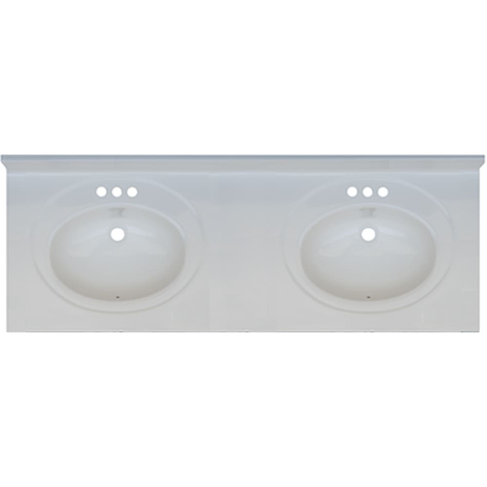 Seamless bowl construction, attached seamless backsplash. Oval Bowl w/ radius edge. 4" oc faucet holes compatible with most standard 5020696 Solid White 61x22 Double Bowl Engineered Stone Vanity Top