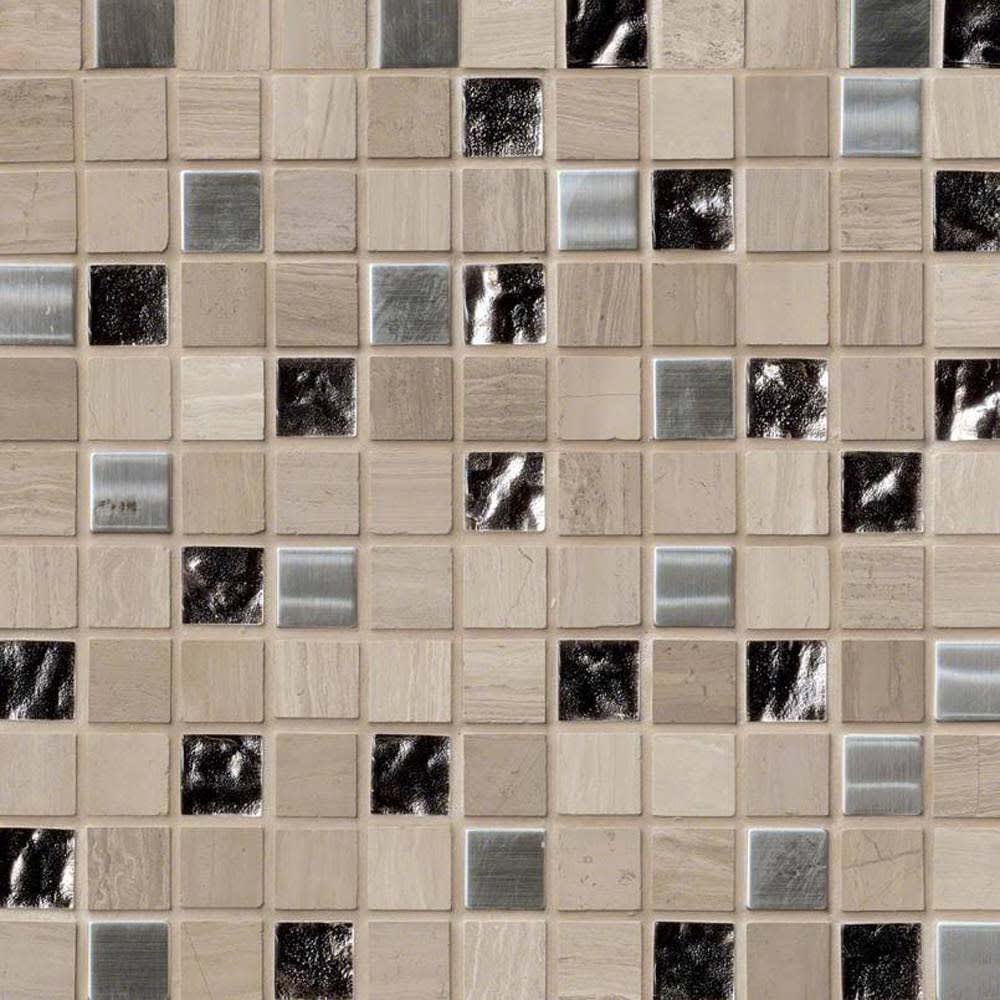 Glass/Stone Mosaic Wall Tile. This 1X1 White Oak Marble and silver foil glass combination is right of the runway with tile style. The soft 5536588 Castle Rock Glass Stone Mosaic Tile