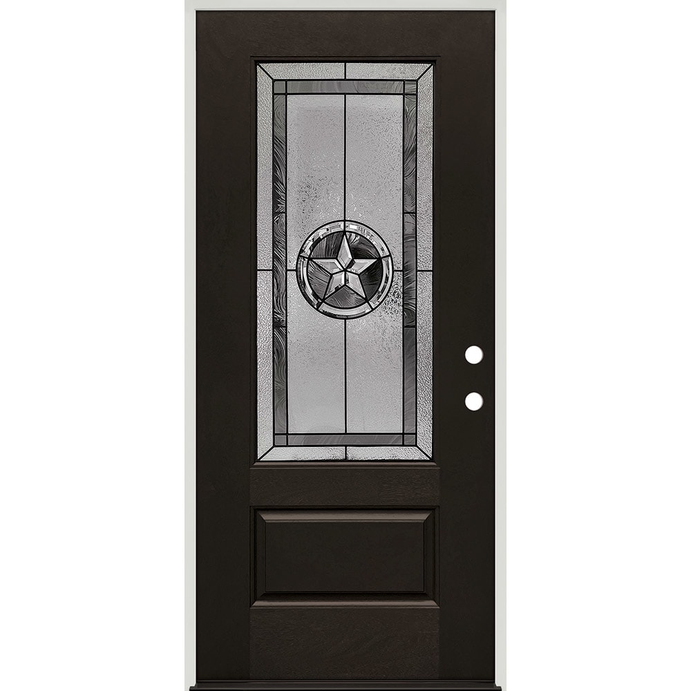 22" x 48" Insulated Glass Insert And Decorative Patina (Black) Caming Pattern; Left Hand. Ready to install. Completely assembled with 4-9/ 45320038 36 Prefinished Prehung Fiberglass Exterior Door Unit Left Hand