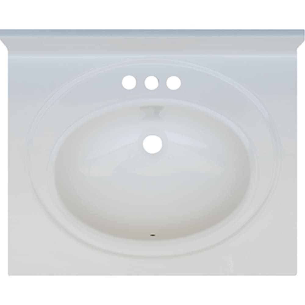 Seamless bowl construction, attached seamless backsplash. Oval Bowl w/ radius edge. 4" oc faucet holes compatible with most standard 5020691 Solid White 25x19 Engineered Stone Vanity Top