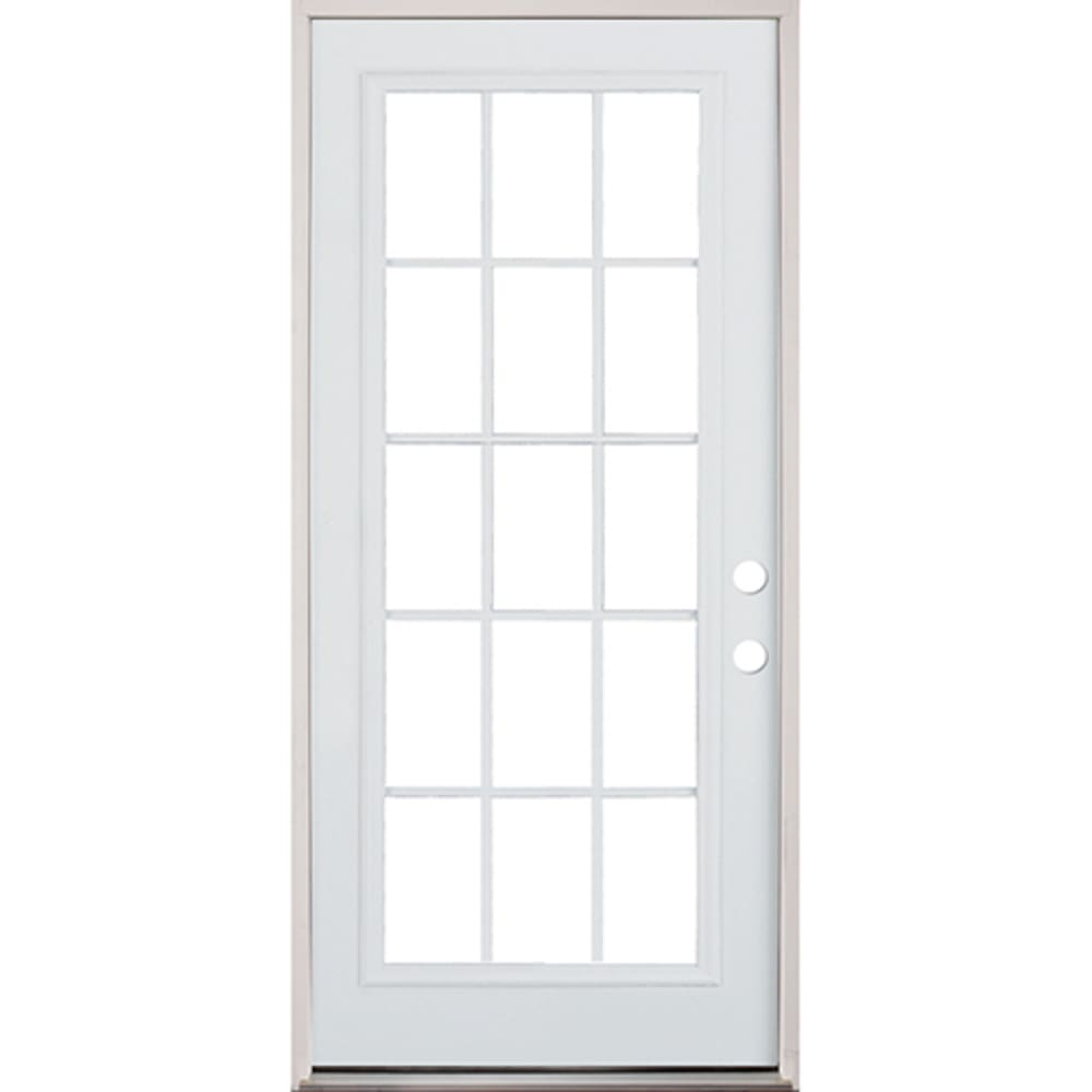 Energy efficient insulated exterior door unit. Completely assembled in primed wood frame with full weatherstripping and fixed sill. 45320082 36 15 Lite Prehung Exterior Steel Door Unit Left Hand