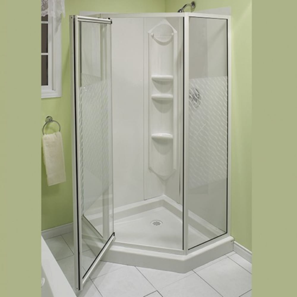 38" x 38" x 74" Clear tempered glass with white stripe pattern. Chrome finish. Reversible door. 3pc wall includes corner caddy with shelves 464880 Himalaya 38 Neoangle Shower Chrome by Maax