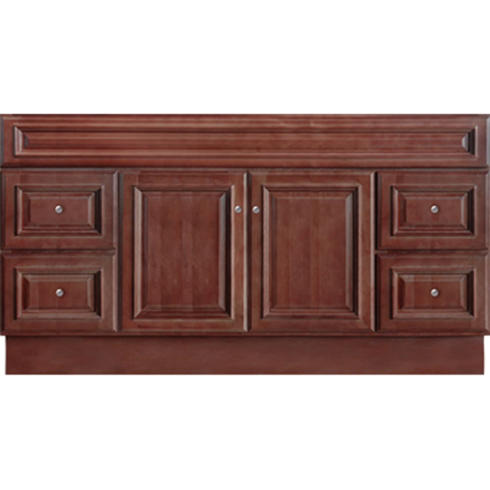 Beautiful cherry finish. 1/2" plywood sides and back with 3/4" cabinet face frame. Solid maple raised panel with applied moulding drawer 5024371 Savannah Merlot 60x21 Two Door Four Drawer Vanity base