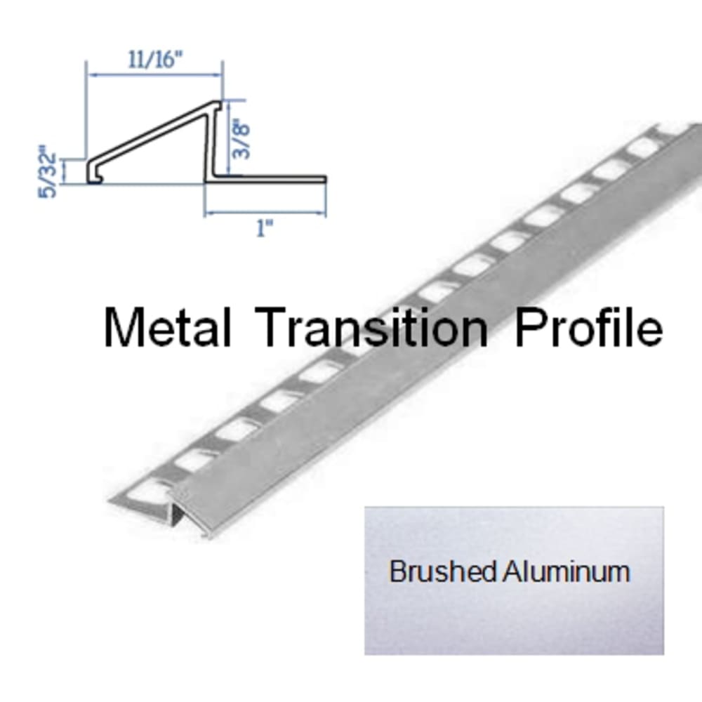 Universal tile reducer for smooth transition from tile to floors of lower heights. 5552838 HomeLux Metal Reducer Flooring Trim