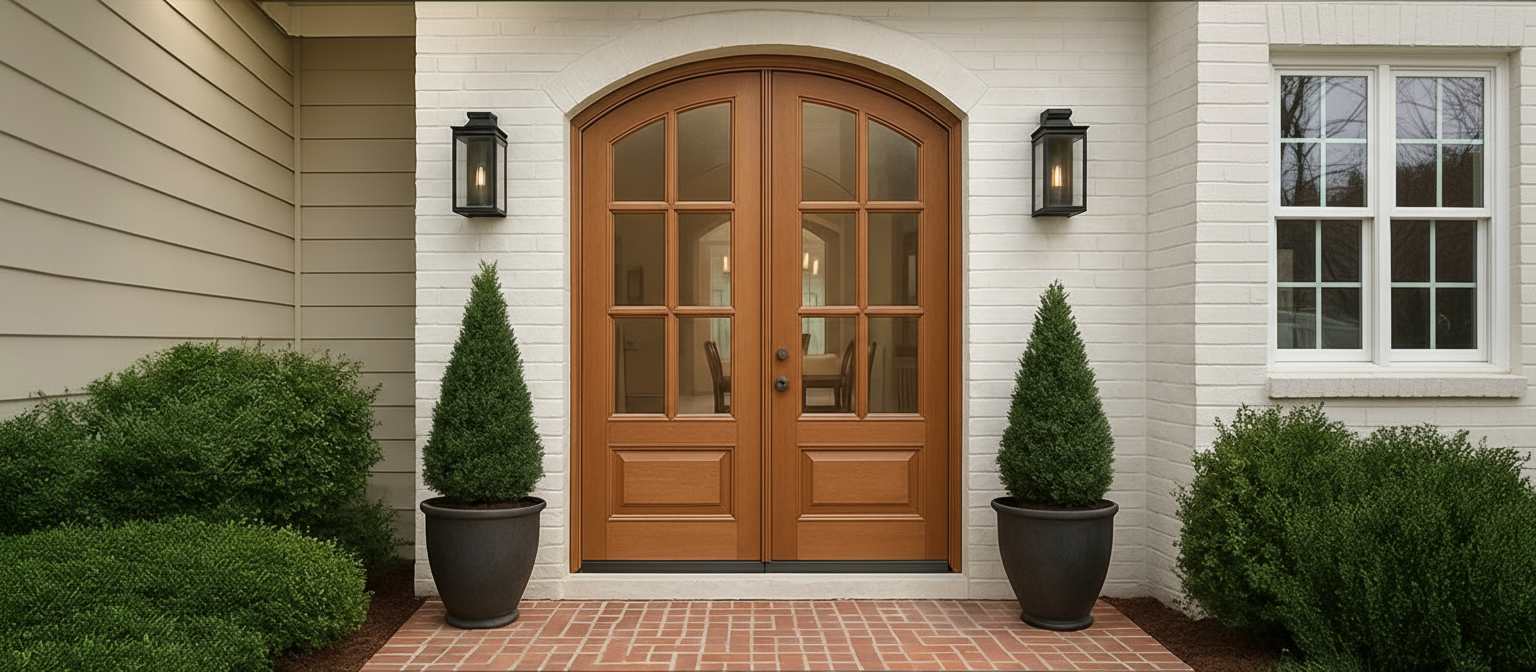 Image of a black exterior door and windows on a home with white siding.