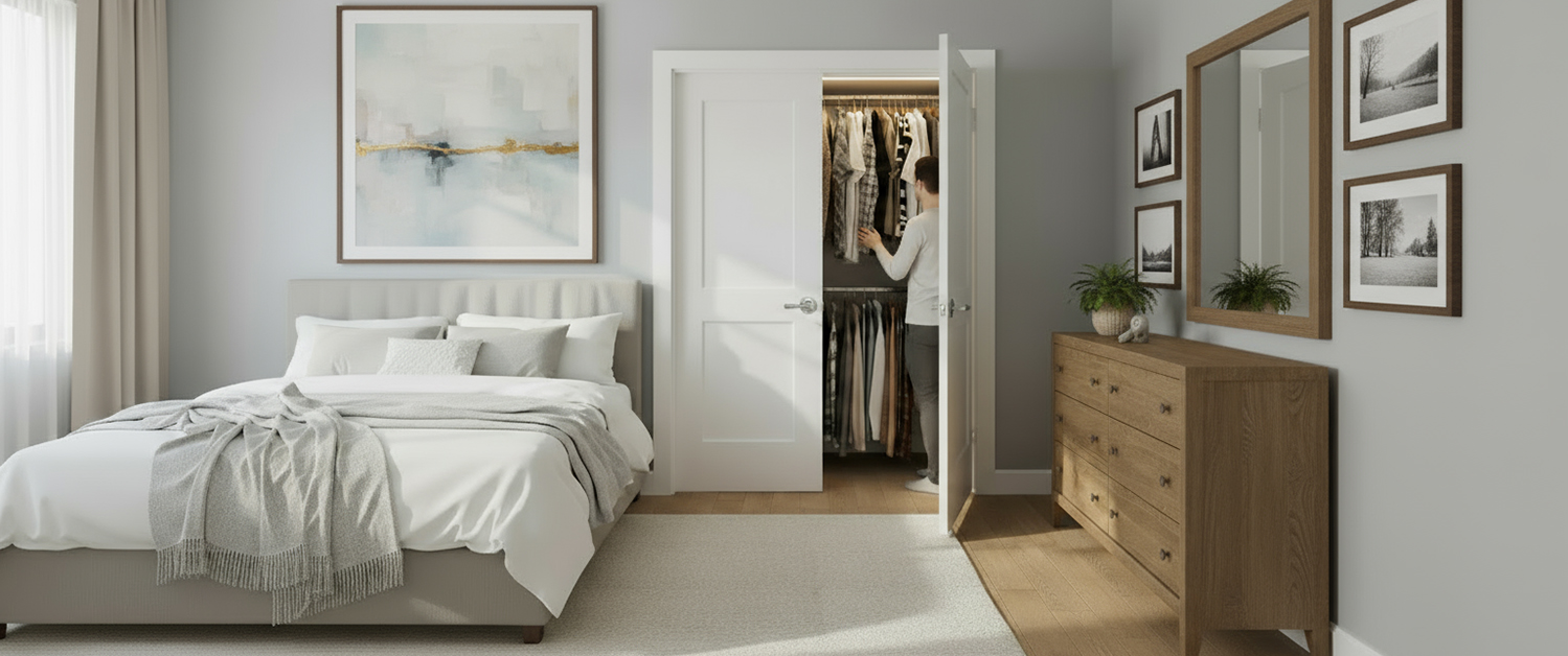 Image of homeowner hanging clothes in bedroom closet.
