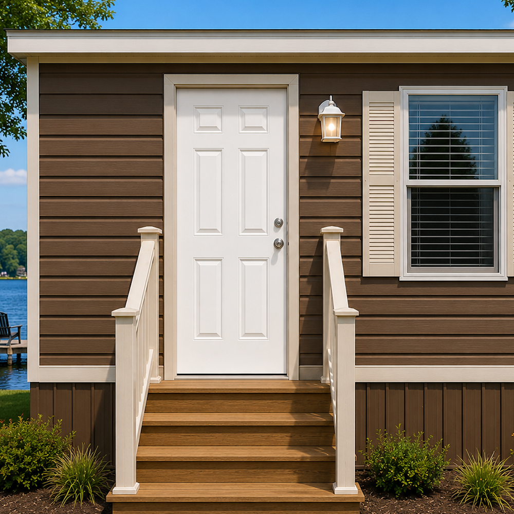 mobile home door on brown siding mobile home