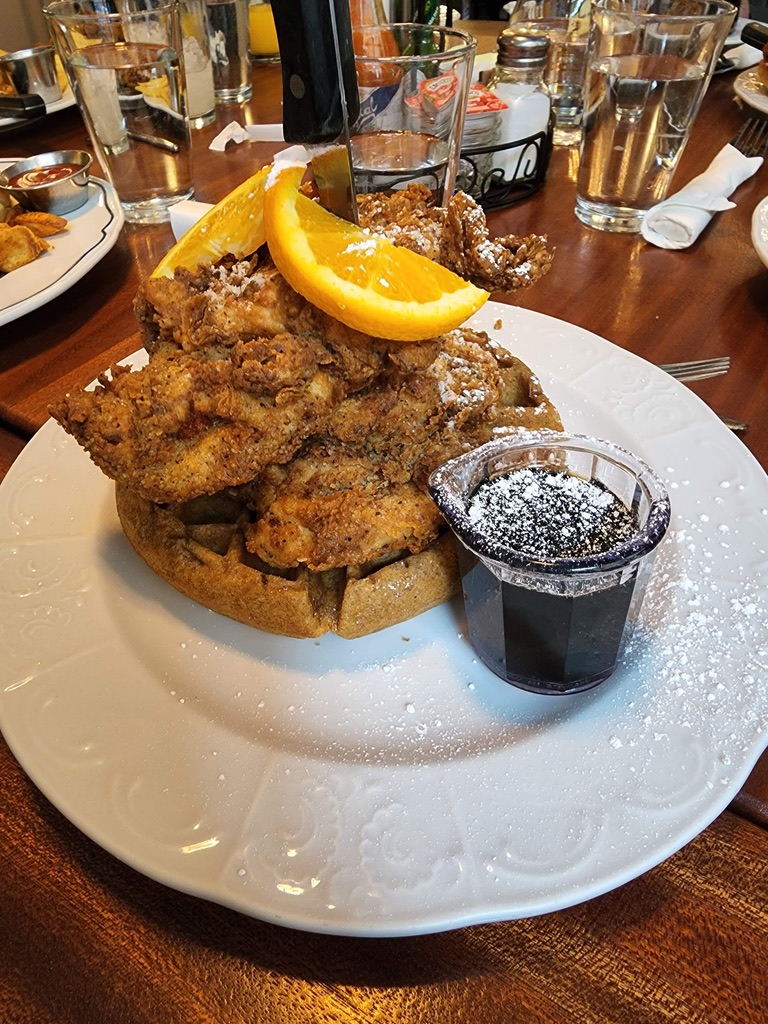 Chicken and waffles on a plate