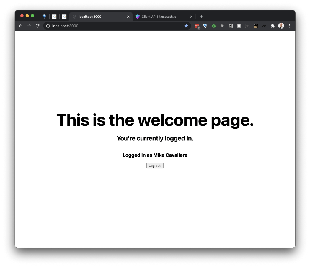 Welcome screen with log out button and login name