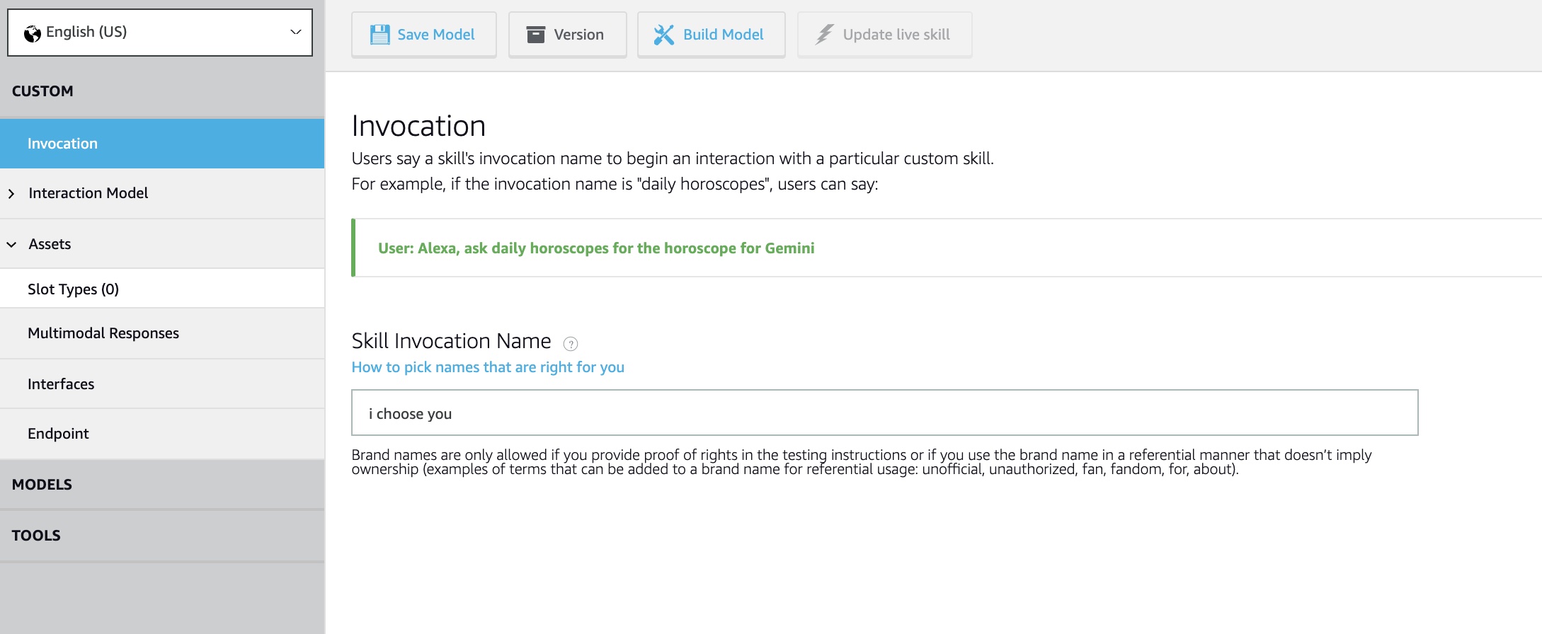 Alexa skills developer console