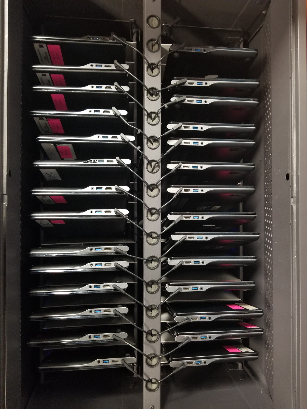 Computer cart full of chromebooks