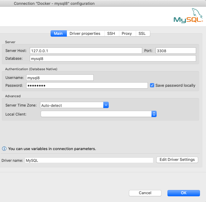 MySQL config modal