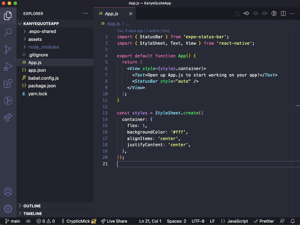 App.js file in Visual Studio Code