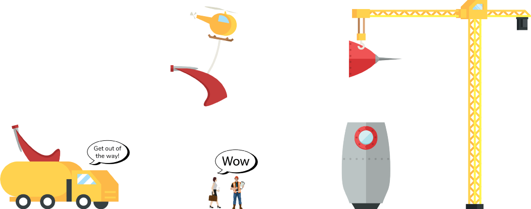 Yellow truck with part of a spaceship next to a helicopter, two people talking and an unfinished spaceship