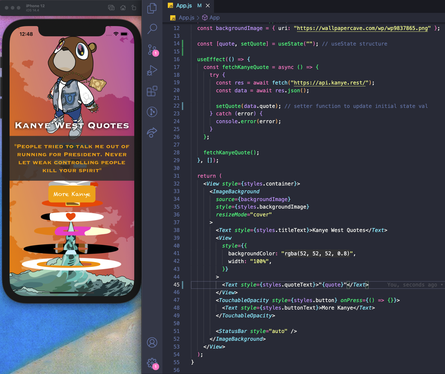 Kanye West quote app next to Visual Studio code