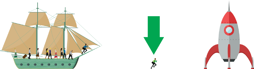 Ship with gree arrow pointing down next to a spaceship
