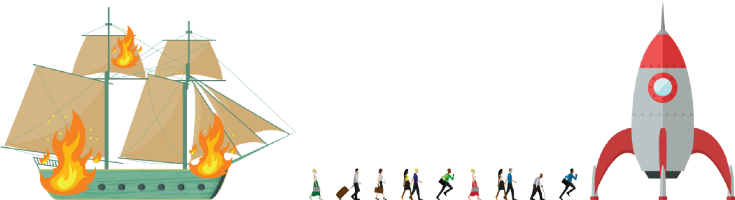 Burning ship with people walking towards a spaceship