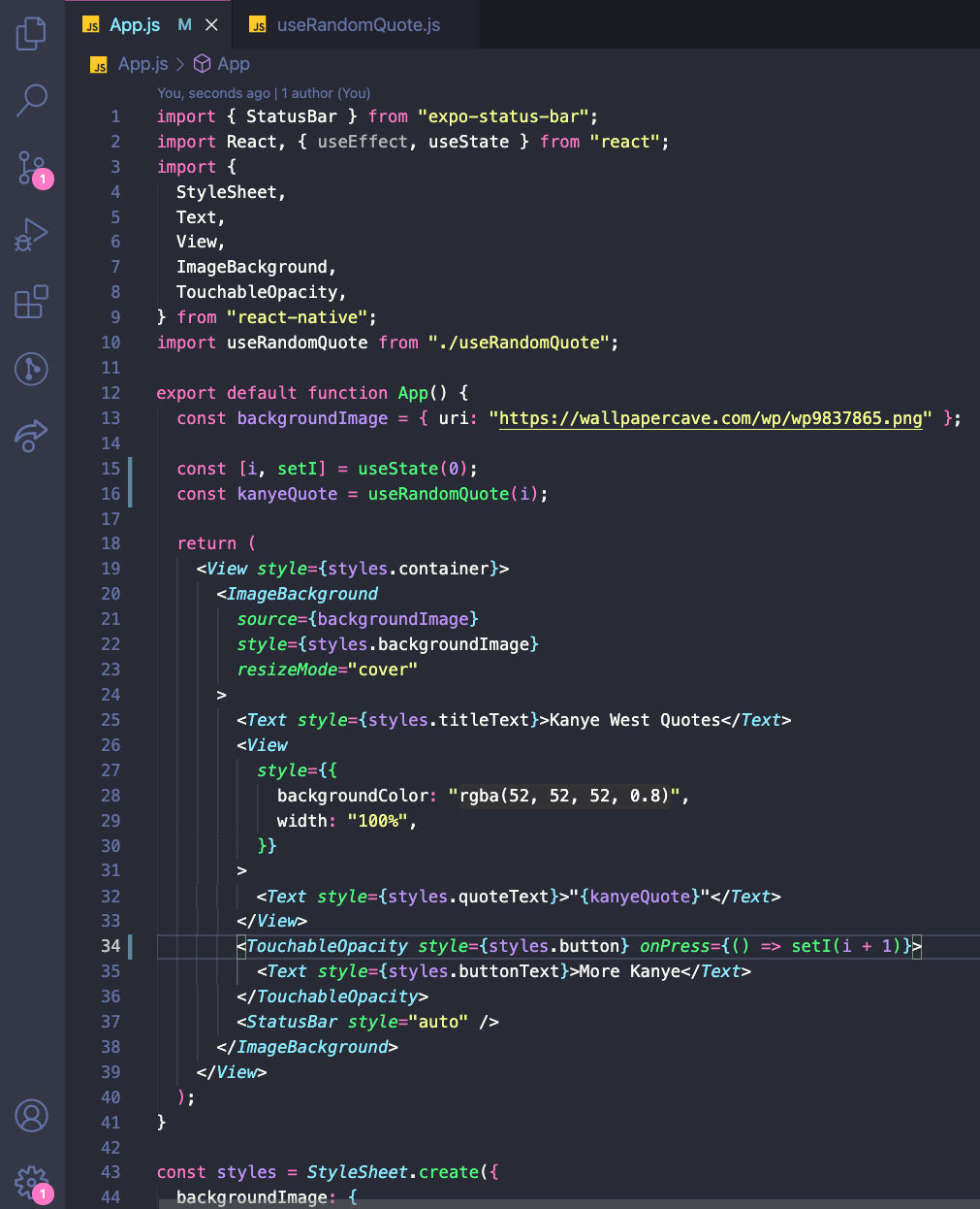 App.js file in Visual Studio Code