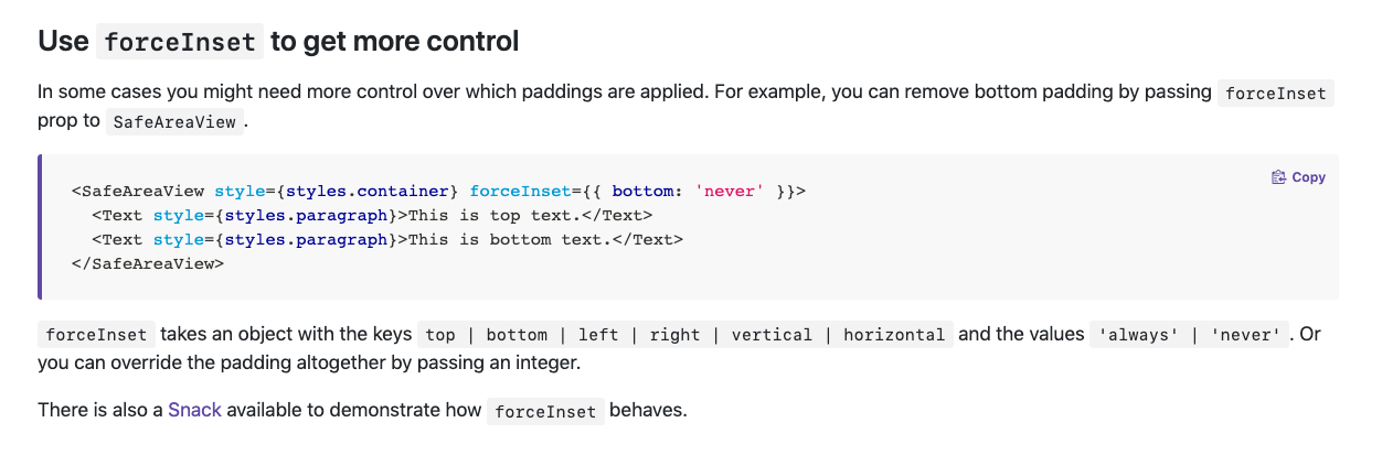 React Navigation screenshot of forceInset