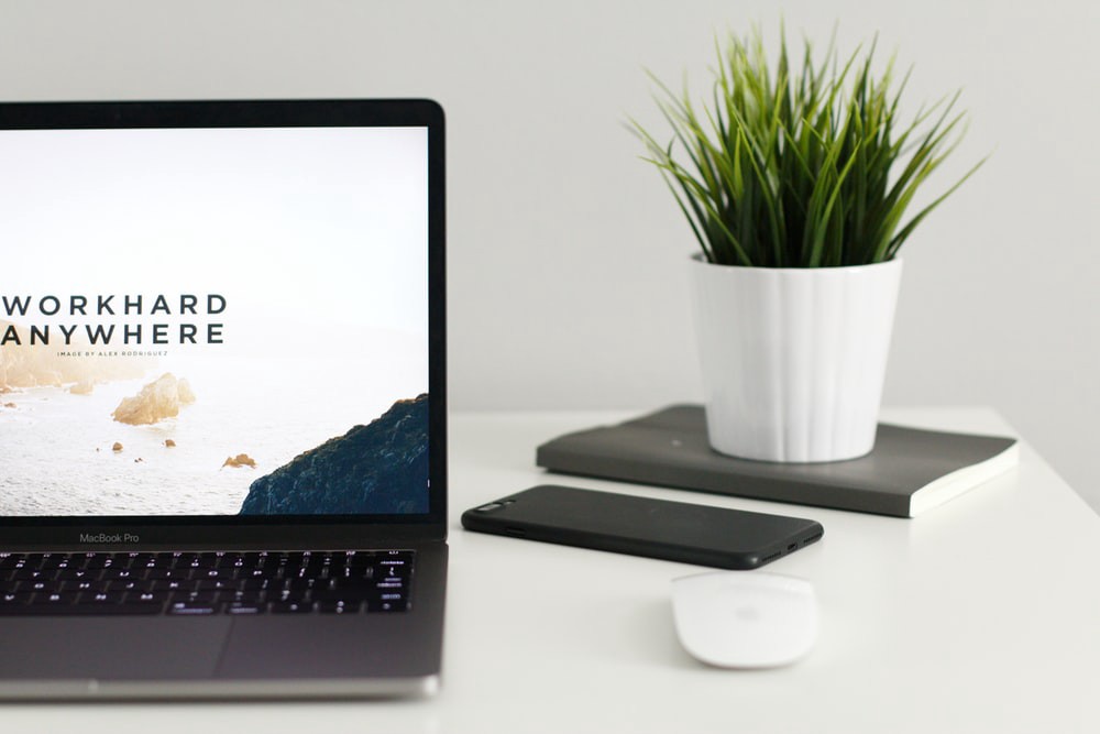 MacBook Pro next to a plant and cellphone