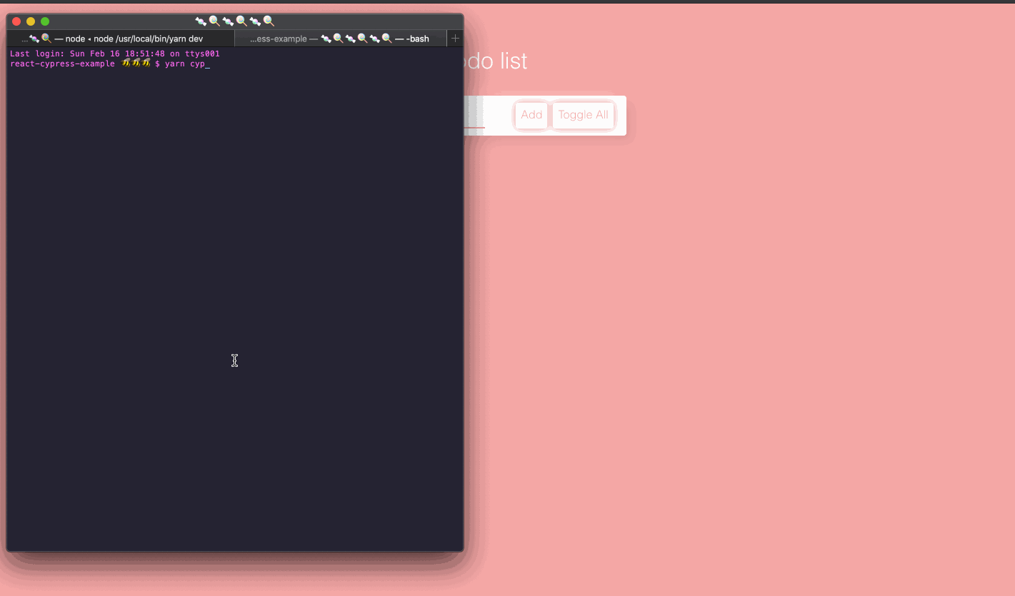 Cypress running automated end-to-end tests on a small to-do app