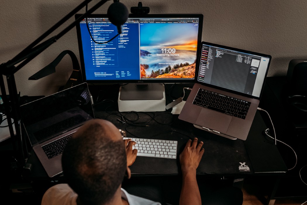 A desk at home set up for remote work