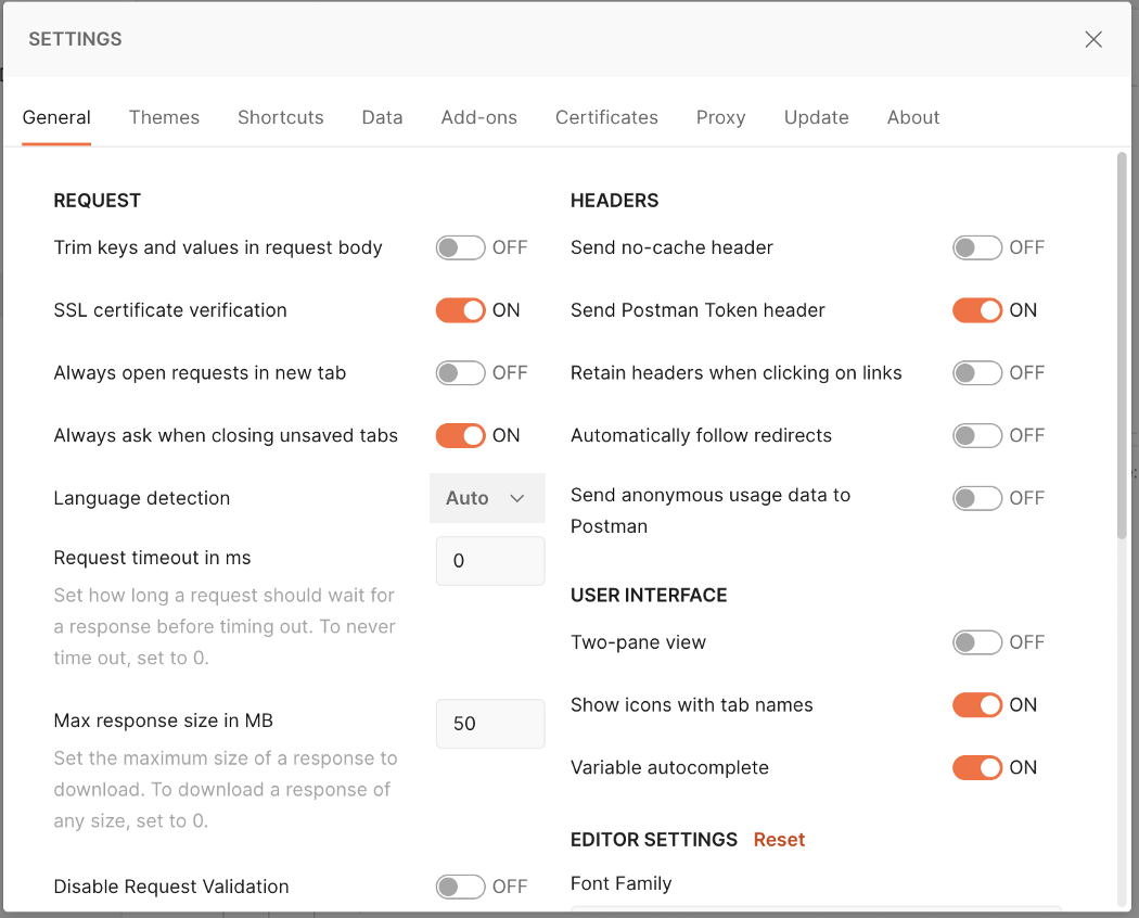 Postman settings