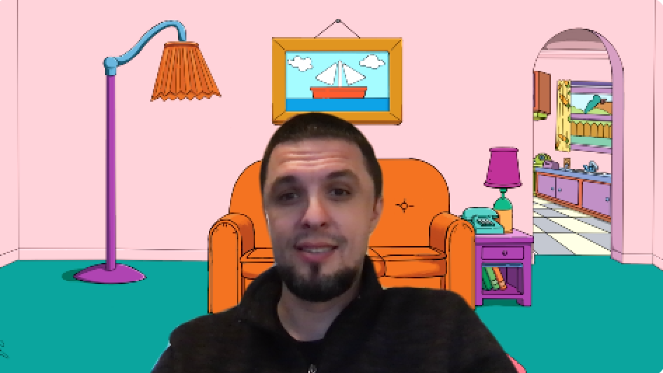 Me, with the living room from The Simpsons as a backdrop