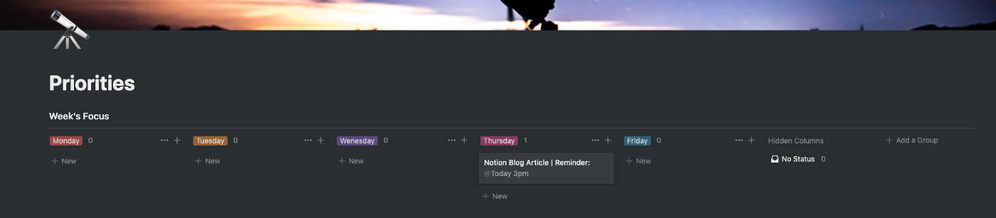 A Notion page showing the priorities section of the dashboard.