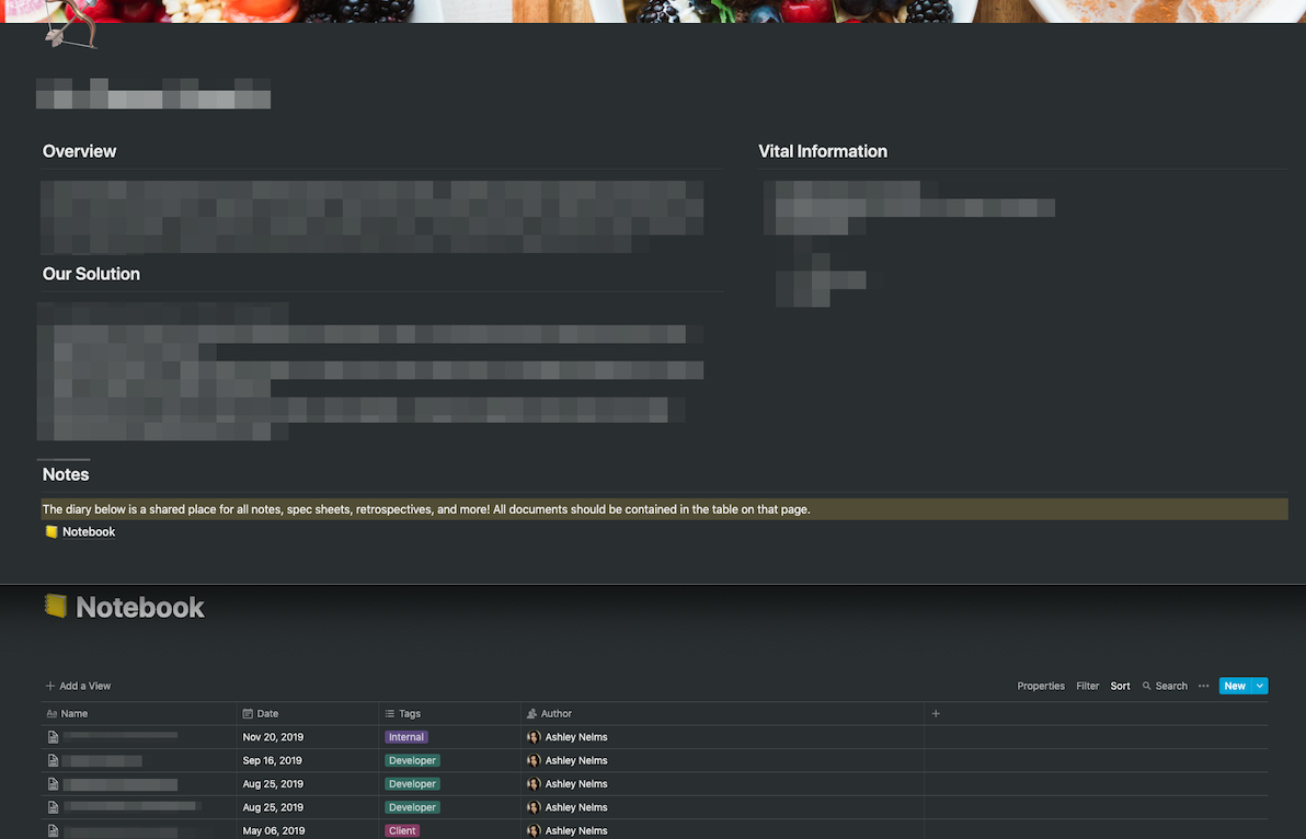 A Notion page showing the client page of the dashboard.