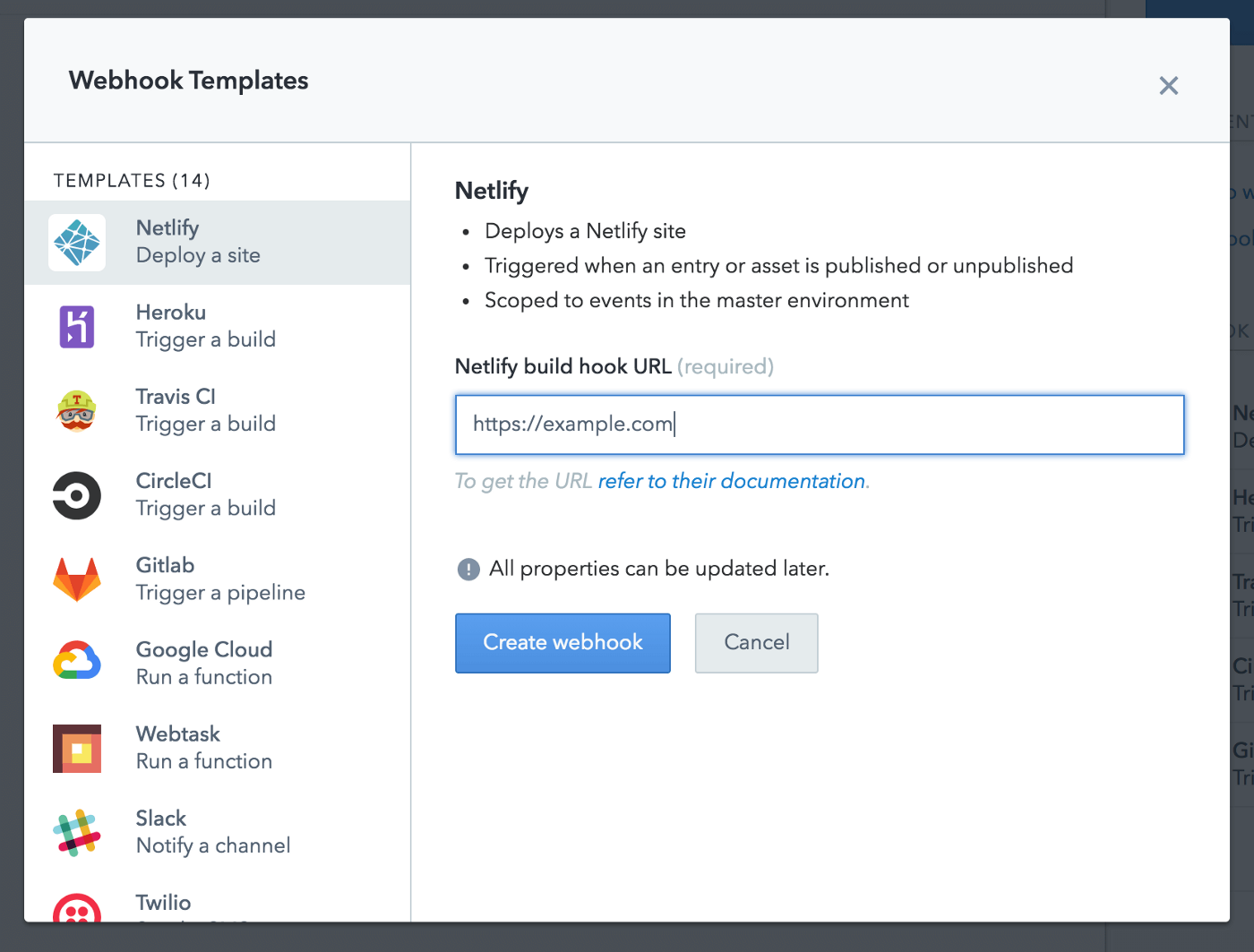 Example webhooks from Contentful