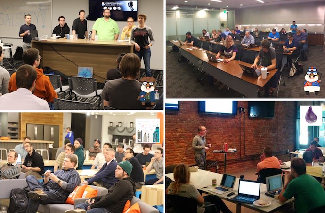 A collage pic of different conference rooms