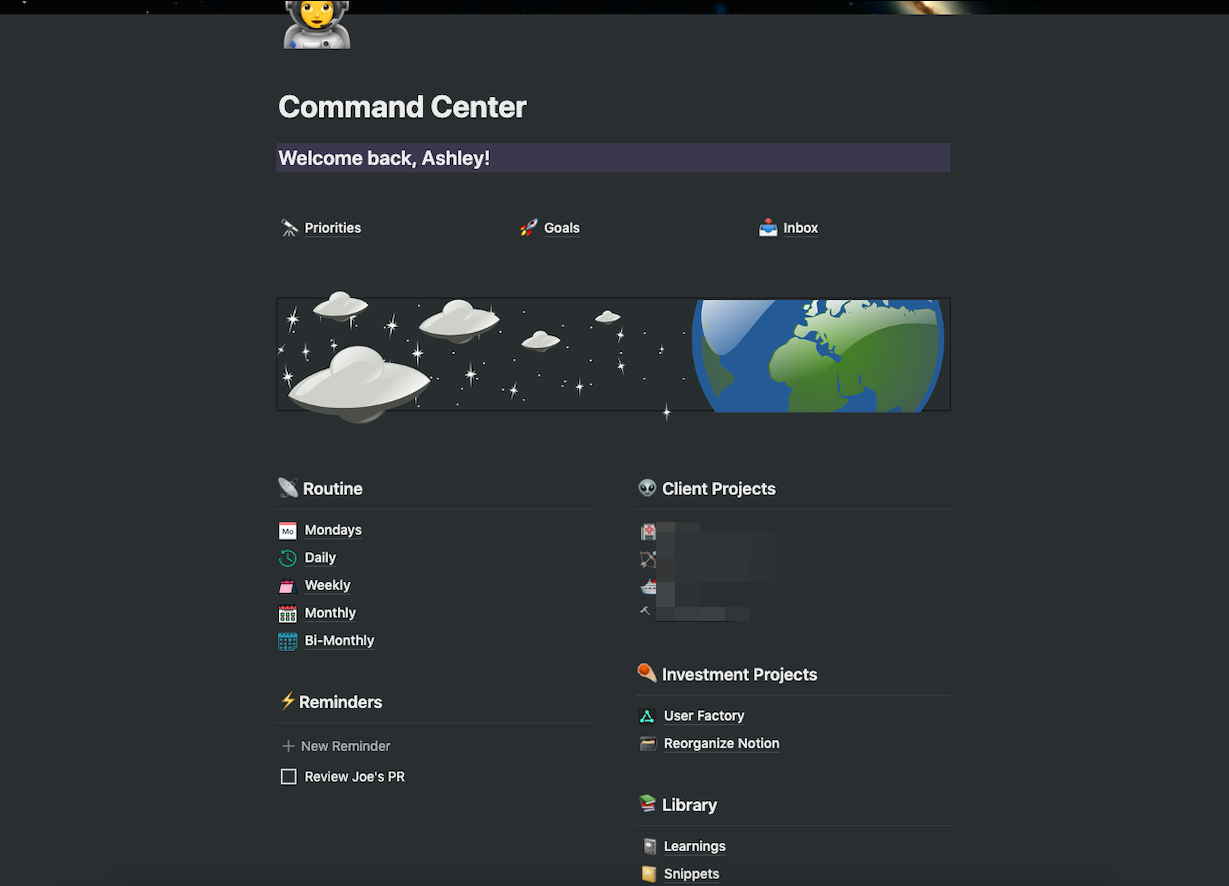 A Notion page showing the layout of the dashboard.